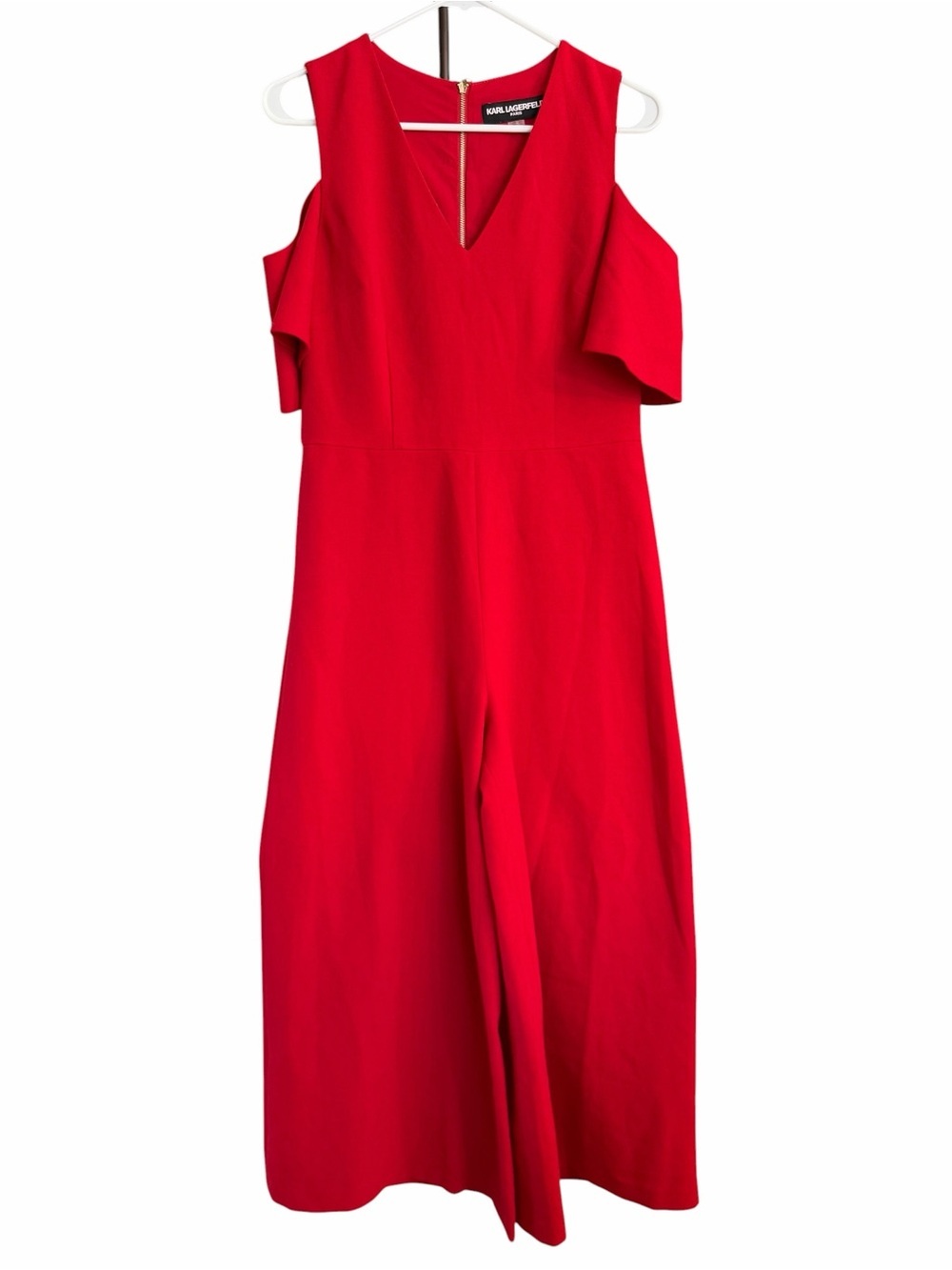 Karl Lagerfeld Red Cold-Shoulder Wide-Leg Jumpsuit - Picture 2 of 7